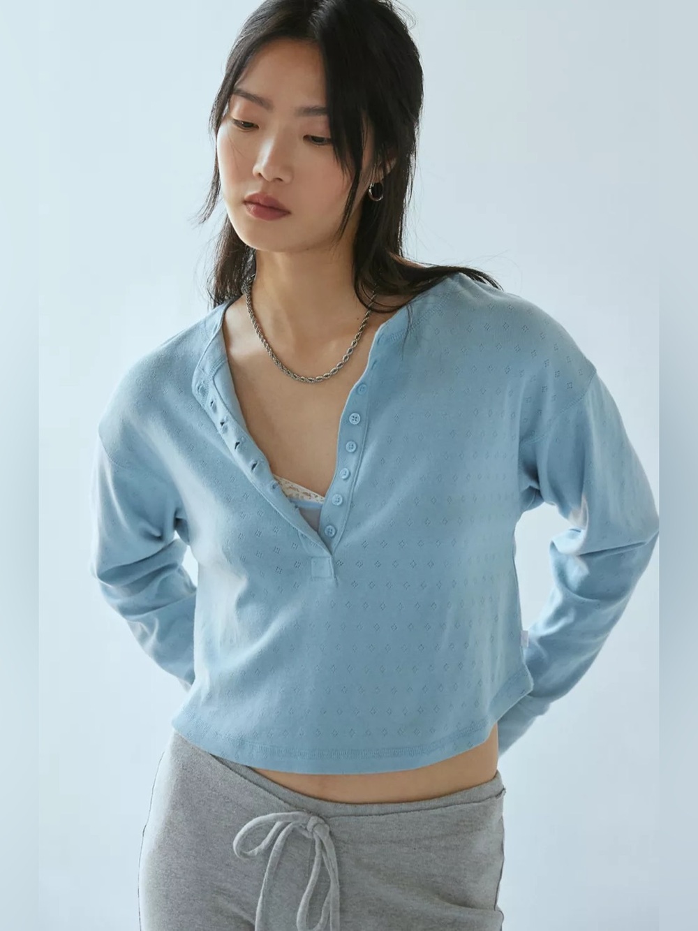 Out From Under Luise Pointelle Henley Top XS Blue Long Sleeve Urban Outfitters